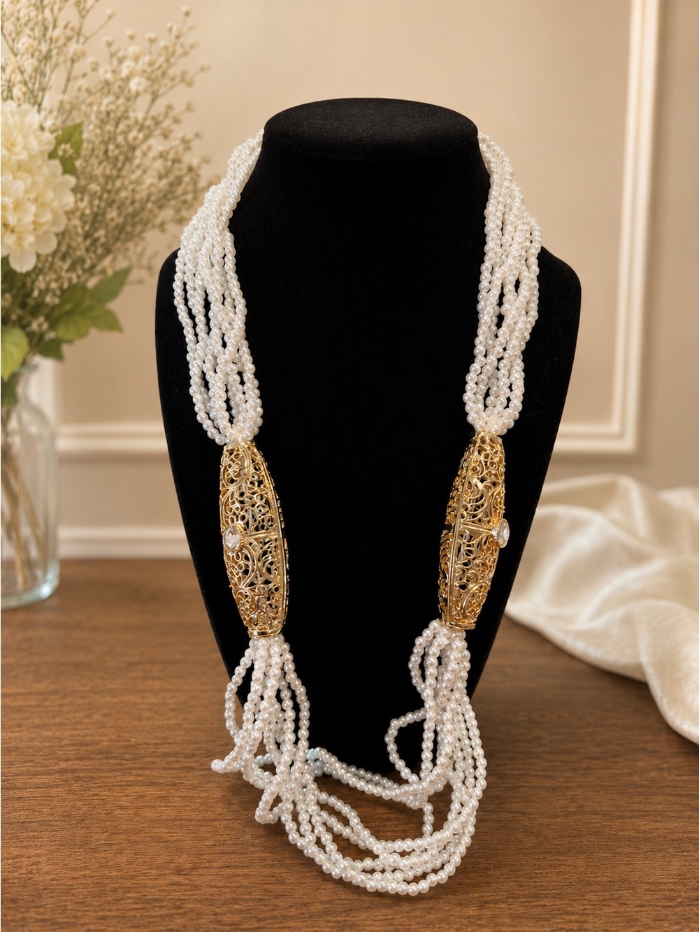 Gold Filigree & White Pearl Multi-Strand Necklace